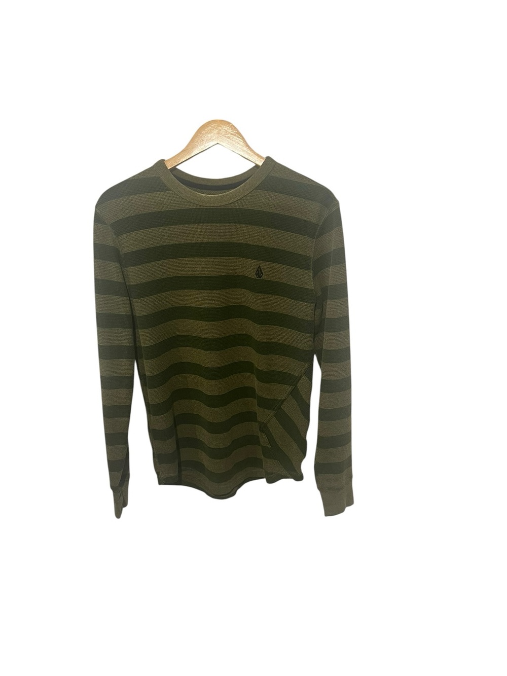 Volcom Green Striped Thermal Knit Crew Neck Sweater Top Long Sleeve M Logo